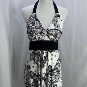 Karen Kane maxi halter black/white paisley dress empire waist XL no bra